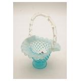 Opalescent And Blue Hobnail Glass Basket