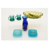 Cobalt Blue Bud Vase, Green Crudite Dish, 2 Small