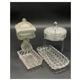 2 Glass Candy Dishes And 2 Glass Serving Trays
