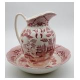 Red Transferware Pitcher And Bowl