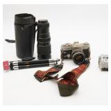 Canon Pellix Camera, Lens, Tripod, and Booster