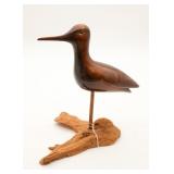 Hand Carved Shorebird On Driftwood Base