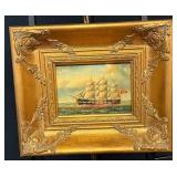 Small Gold Framed 3 Mast Clipper Ship