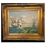 Gold Framed Oil Painting Of Sailing Ships