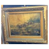 Antique Deer Hunt Scene Print Framed As Is