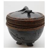 African Carved Wood and Woven Basket w/Lid