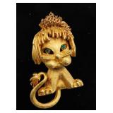 Vintage Signed Mandle Green Eyes Lion Brooch