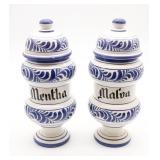 (2) Blue & White Apothecary Jars (Mentha-Mint &