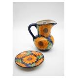 Mexican Terra Cotta Sunflower Pitcher & Plate