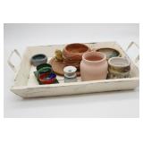 White Wooden Serving Tray w/Assorted Pottery