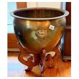 Large Hammered Brass Jardiniere with Lion Head
