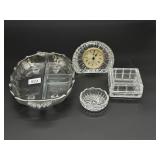 Silver Overlay Divided Dish, Crystal Stage Clock,