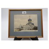 Gold Framed Watercolor of Russian Church Signed