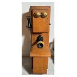 Antique Wood Hand Crank Wall Telephone ~ Large