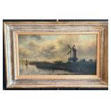 Antique Oil on Canvas Windmill Scene