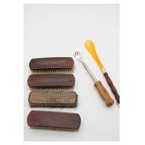 (4) Wooden Coat Brushes, Shoe Horn & Back