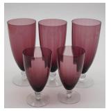 5 Purple Glass Goblets with Clear Stems