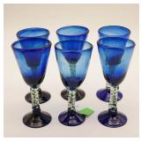 6 Blue Handblown Glass Goblets