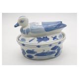 Blue and White Ceramic Duck Covered Dish