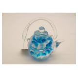 Hand-Blown Glass Teapot With Blue Swirl Pattern