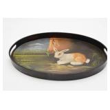 Oval Hand-Painted Metal Tray With Rabbit Design