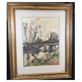 Framed River Landscape Painting With Bridge