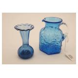 Two Pieces Blue Glass Pitcher and Vase