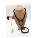 Black Beaded Necklace, Bracelet & Earrings