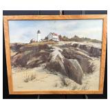 Framed Watercolor of Lighthouse Scene