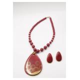 Vintage Red Beaded Necklace & Earrings