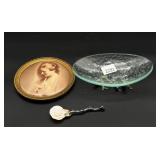Framed Portrait, Glass Dish, and Shell Spoon