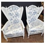 Upholstered Wingback Armchairs with Blue Toile