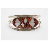 Vintage Mexico Alpaca Silver Inlaid Cuff Bracelet