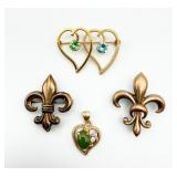 (4) 12KT GF Brooches - 2 Fleur de Lis, 2 Hearts