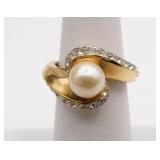 Trifari Gold Tone, Faux Pearl and Rhinestone Ring