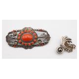 Antique 800 Silver Red Coral Brooch As Is &