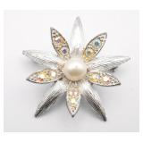 Emmons Silver Tone and AB and Pearl Brooch