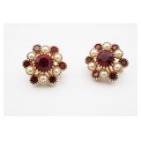 Pair of Vintage Cluster Brooches Red & Pearl