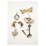 (4) Assorted Silver Tone Brooches, (1) Pr of Clip