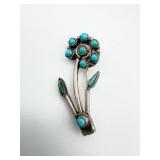 Sterling Silver and Turquoise Flower Brooch