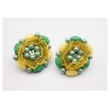 Japan Yellow and Green Glass Bead Clip Earrings