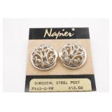 Napier Silver Tone Filigree Button Earrings