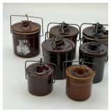 (7) Brown Crocks With Wire Handles
