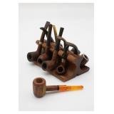 Vintage Wood Pipe Rack w/ Assorted Pipes