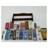 Souvenir Spoons and Wood Display Rack