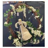 Floral Grapevine Wreath With Angel Figure