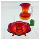 Amberina Glass Small Pitcher and Candle Holder