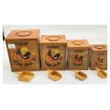 Vintage Wooden Rooster Canister Set With Scoops