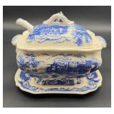 Blue and White Ceramic Tureen with Lid and Ladle