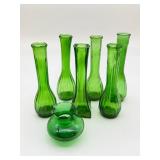 Seven Green Glass Vases
